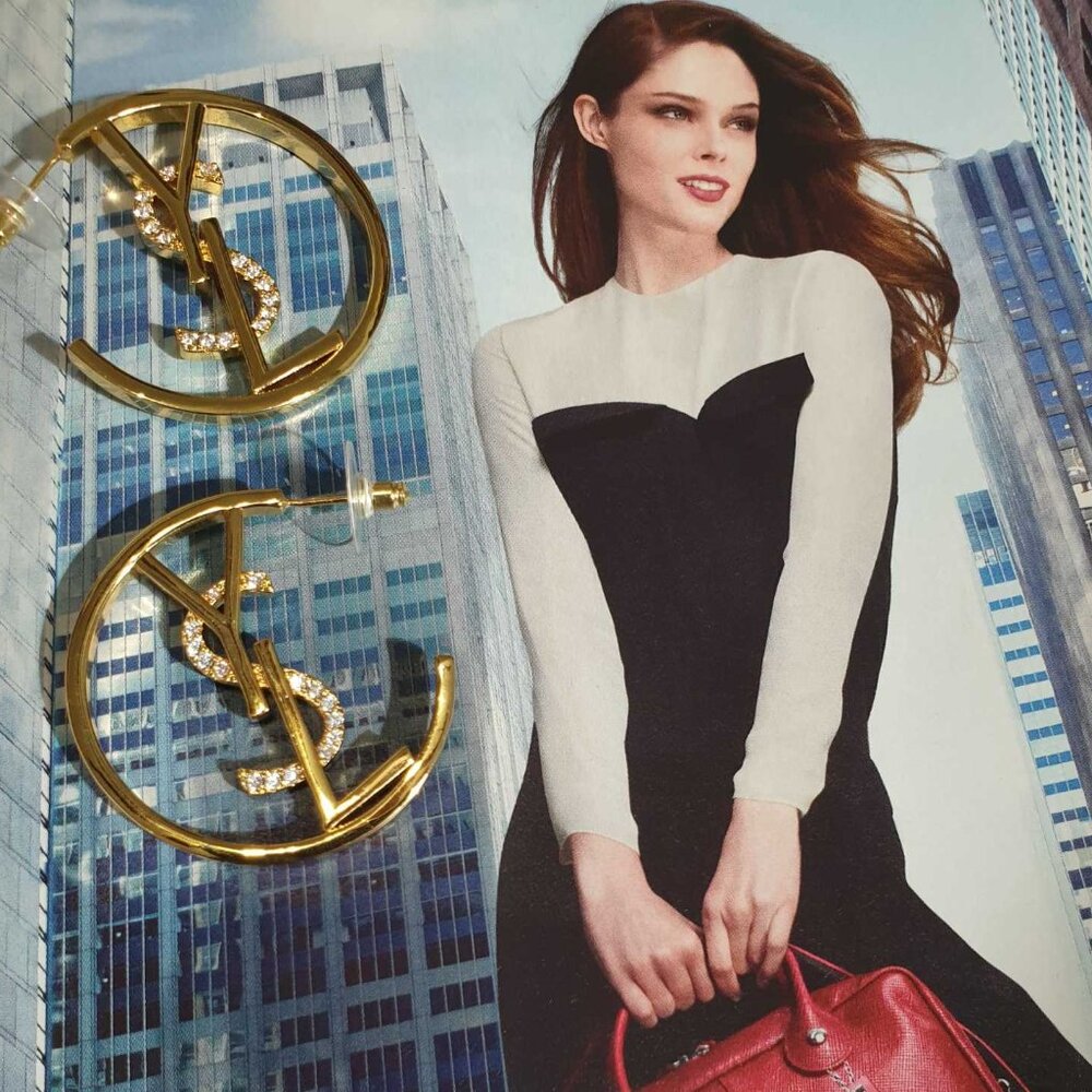 Gold Crystals YSL Saint Laurent Hoop Earrings Jewelry Fashion Women  Accessory